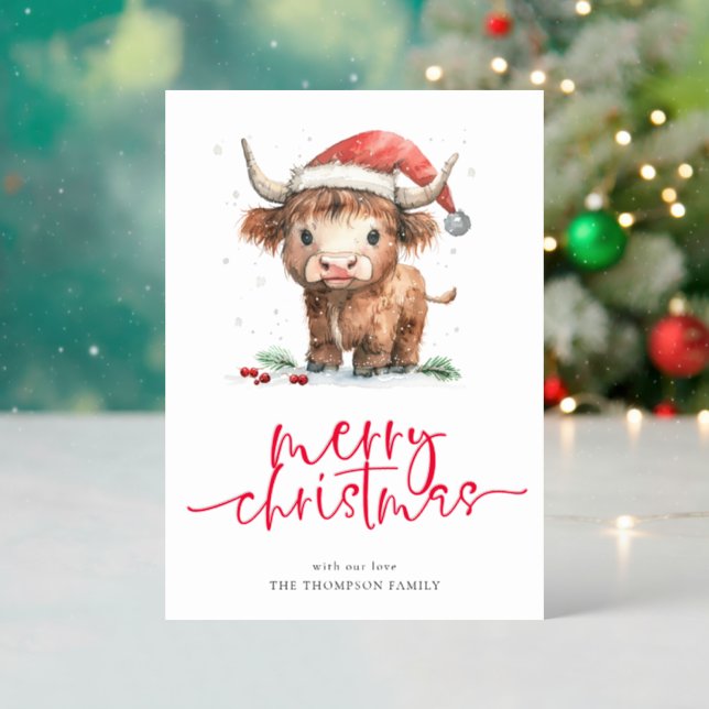 Highland Cow Merry Christmas  Letterpress Photo Cards (Front (Into))