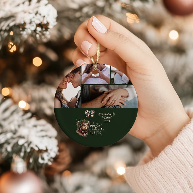 Highland Cow Merry Christmas Mrs and Mr 5 Photo  Ceramic Ornament (Creator Uploaded)