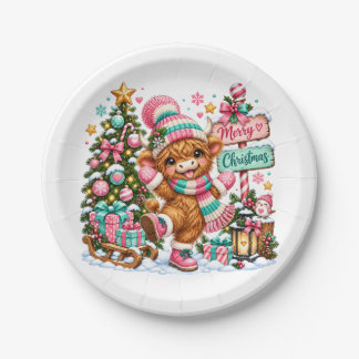 Highland Cow Merry Christmas Paper Plates