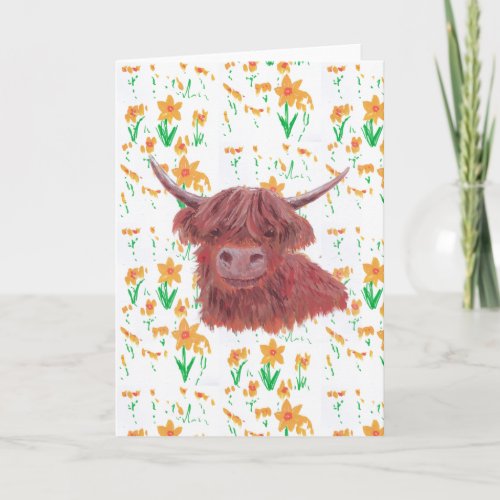 highland cow messy daffodils card