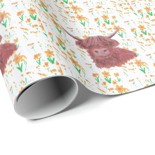 highland cow messy daffodils wrapping paper