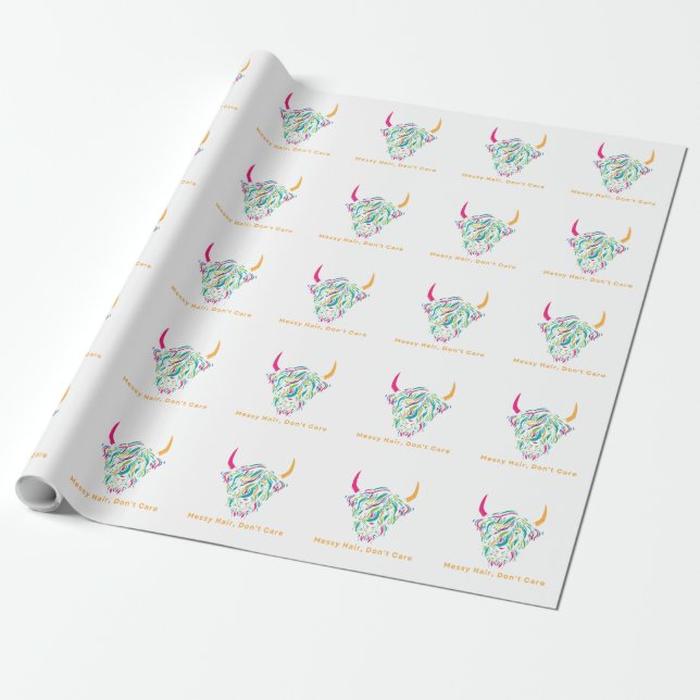 Highland Cow Messy Hair Don't Care Colorful Wrapping Paper (Unrolled)