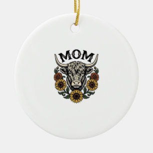 Highland Cow Mom Vintage Sunflower Western Design Ceramic Ornament