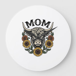 Highland Cow Mom Vintage Sunflower Western Design Large Clock