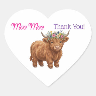 Highland Cow Moo Moo Thank You Birthday Heart Sticker
