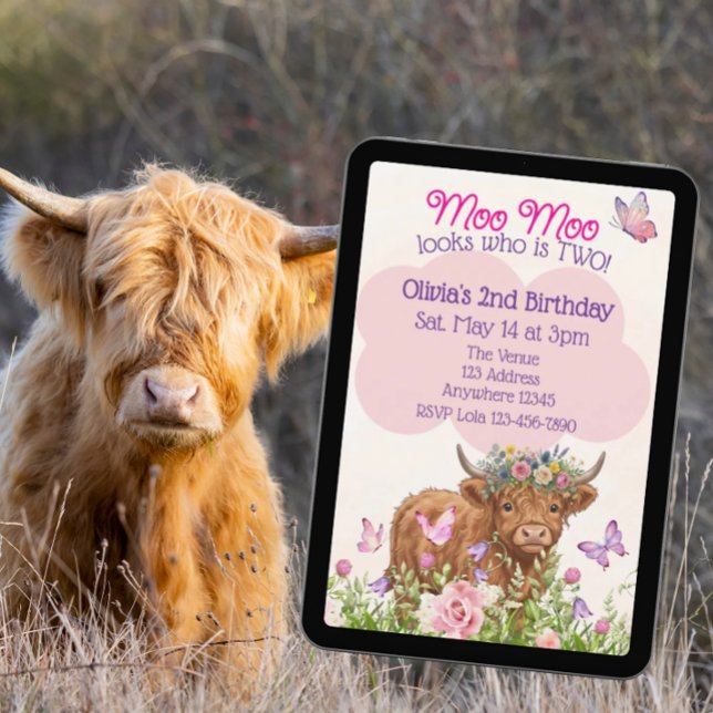 Highland Cow Moo Moo Two 2nd Birthday Invitation (Creator Uploaded)