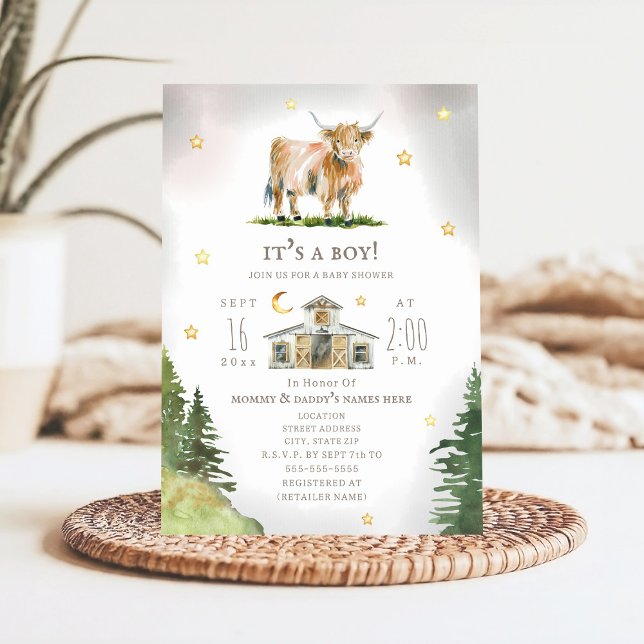 Highland Cow Moon Stars Farm Baby Shower  Invitation (Creator Uploaded)