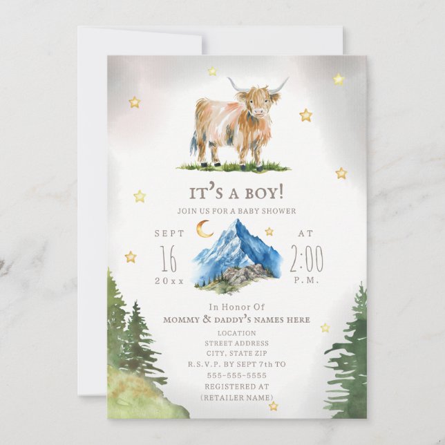 Highland Cow Moon Stars Mountain Baby Shower  Invitation (Front)