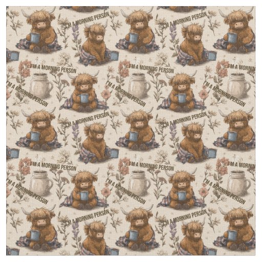 Highland Cow Morning Coffee Cozy Farmhouse Pattern Fabric