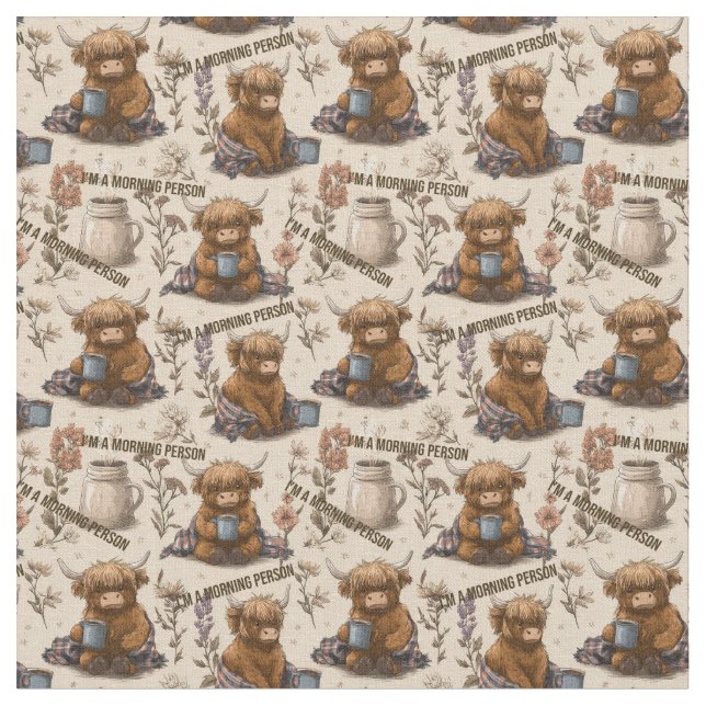 Highland Cow Morning Coffee Cozy Farmhouse Pattern Fabric (Close Up)