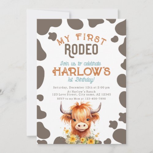 Highland Cow My First Rodeo 1st Birthday Invitation