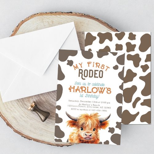 Highland Cow My First Rodeo 1st Birthday Invitation