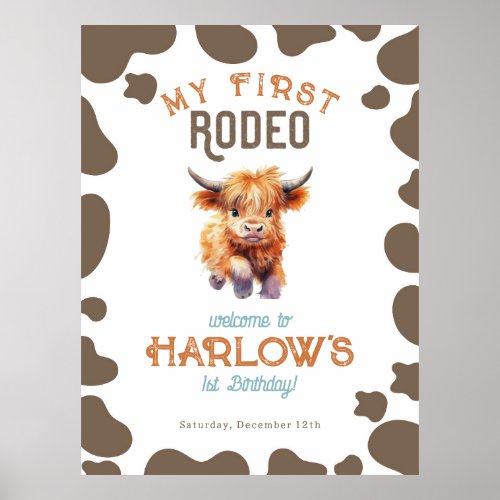Highland Cow My First Rodeo 1st Birthday Poster