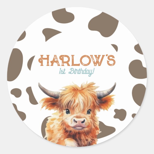 Highland Cow My First Rodeo Birthday Party Classic Round Sticker (Front)