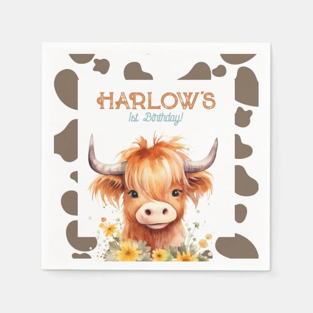 Highland Cow My First Rodeo Birthday Party Napkins (Front)