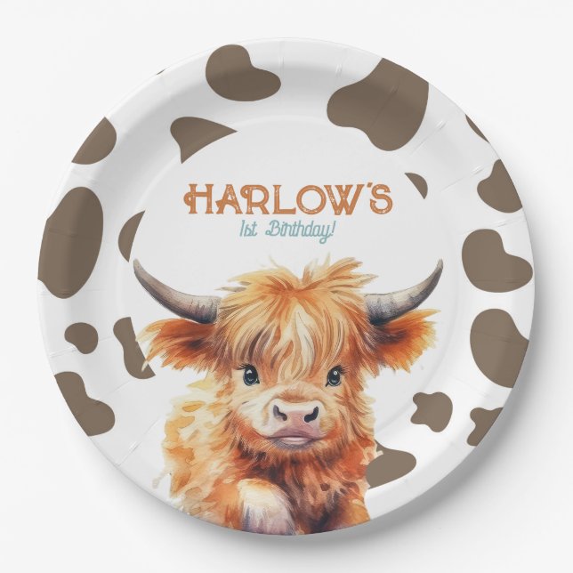 Highland Cow My First Rodeo Birthday Party Paper Plates (Front)