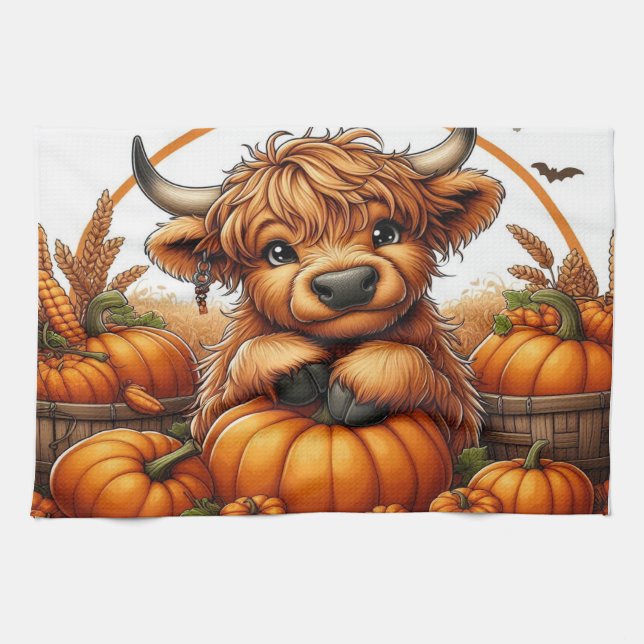 Highland Cow Nestled Among Autumn Harvest Pumpkins Kitchen Towel (Horizontal)