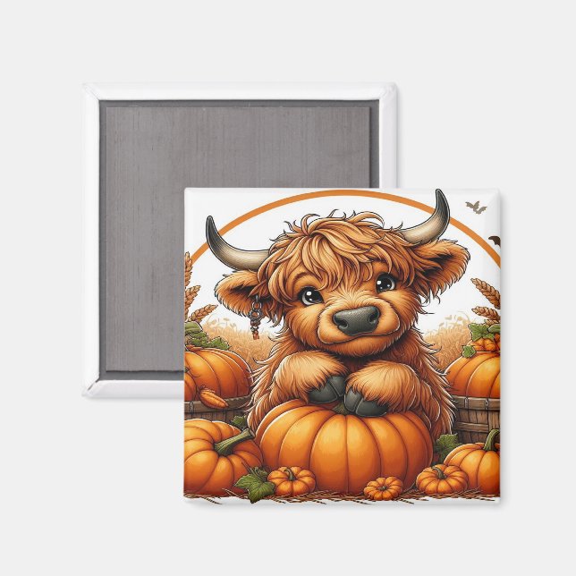 Highland Cow Nestled Among Autumn Harvest Pumpkins Magnet (Front/Back)