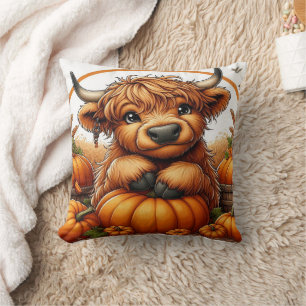 Highland Cow Nestled Among Autumn Harvest Pumpkins Throw Pillow