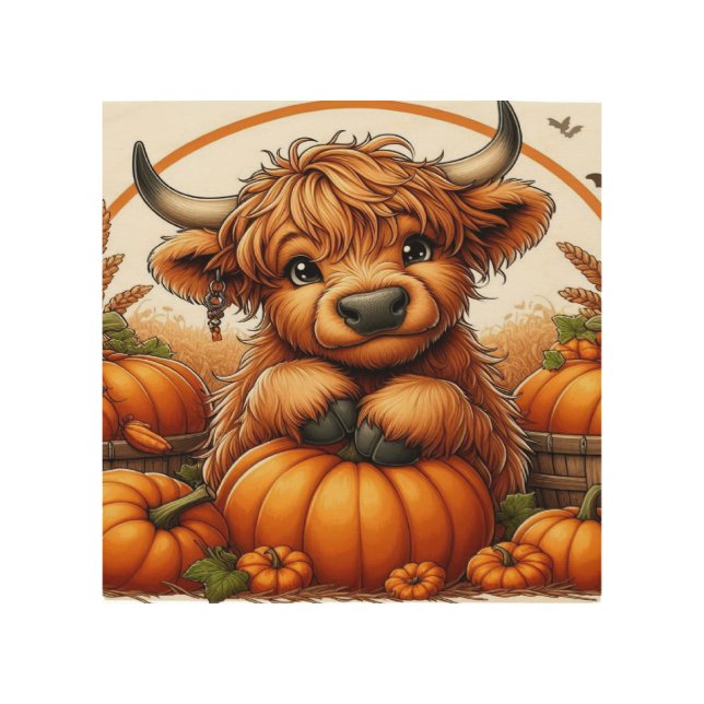 Highland Cow Nestled Among Autumn Harvest Pumpkins Wood Wall Art (Front)