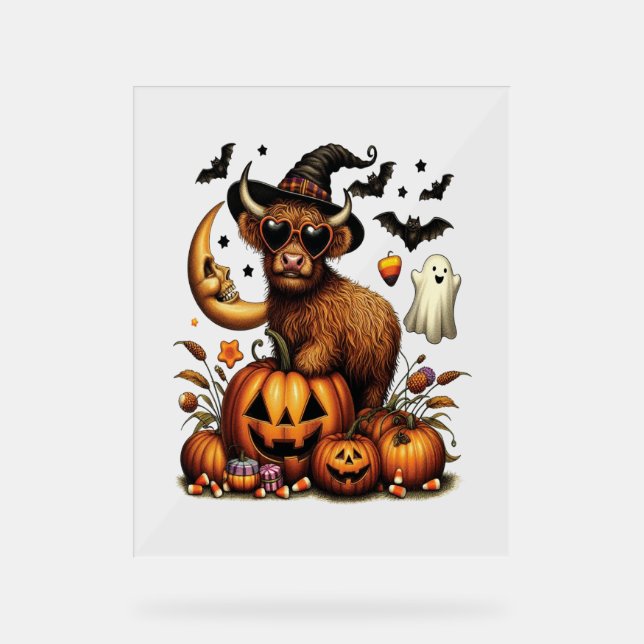 Highland Cow on Pumpkin Halloween Acrylic Sign (Front)