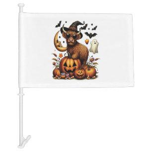 Highland Cow on Pumpkin Halloween Car Flag