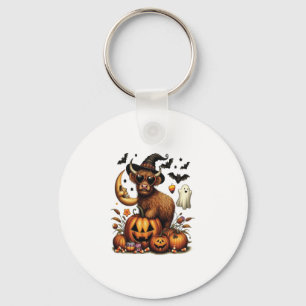 Highland Cow on Pumpkin Halloween Keychain