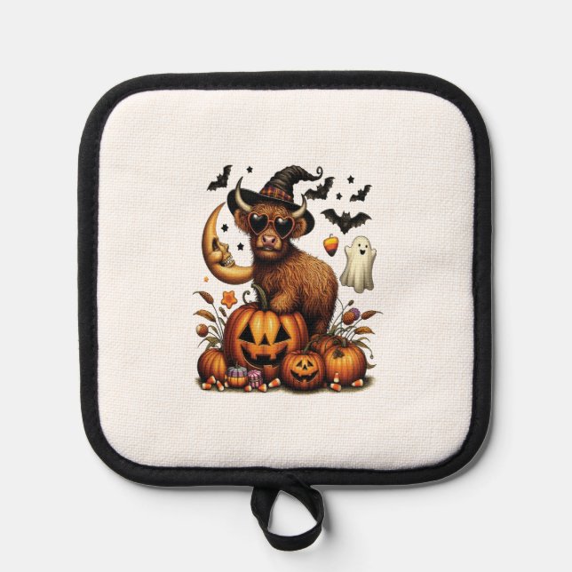 Highland Cow on Pumpkin Halloween Pot Holder (Front)