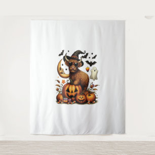 Highland Cow on Pumpkin Halloween Tapestry
