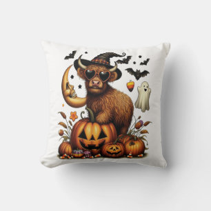 Highland Cow on Pumpkin Halloween Throw Pillow