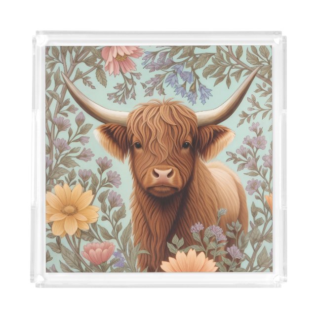 Highland Cow Pastel William Morris Inspired Floral Acrylic Tray (Front)