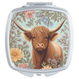 Highland Cow Pastel William Morris Inspired Floral Compact Mirror