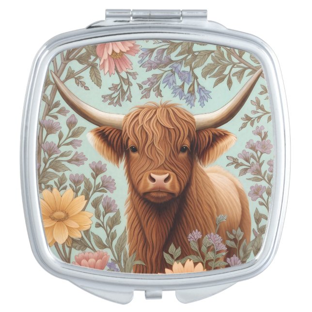 Highland Cow Pastel William Morris Inspired Floral Compact Mirror (Front)