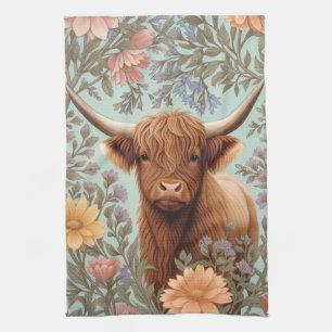 Highland Cow Pastel William Morris Inspired Floral Kitchen Towel