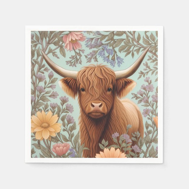 Highland Cow Pastel William Morris Inspired Floral Napkins (Front)