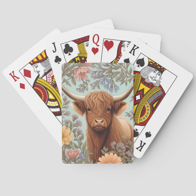 Highland Cow Pastel William Morris Inspired Floral Poker Cards (Back)