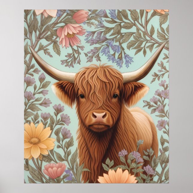 Highland Cow Pastel William Morris Inspired Floral Poster (Front)