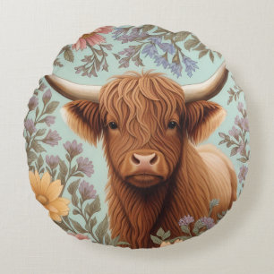 Highland Cow Pastel William Morris Inspired Floral Round Pillow