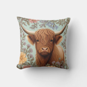 Highland Cow Pastel William Morris Inspired Floral Throw Pillow