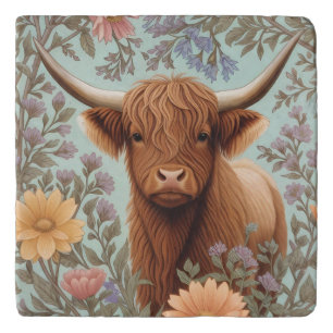 Highland Cow Pastel William Morris Inspired Floral Trivet
