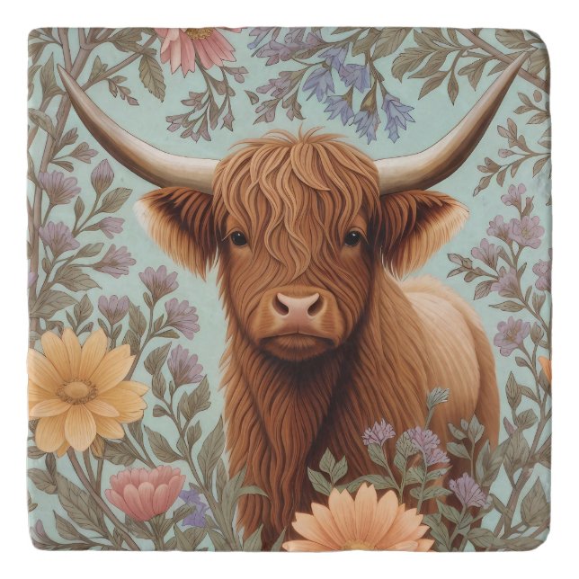Highland Cow Pastel William Morris Inspired Floral Trivet (Front)