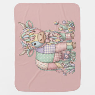 Highland Cow Patchwork Pastel Gingham Floral Baby Blanket