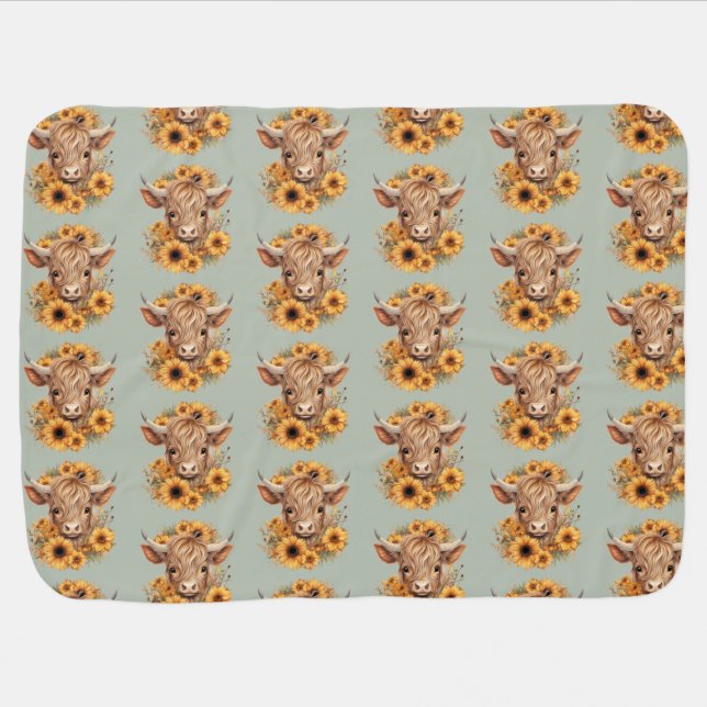 Highland Cow Pattern Baby Blanket Sunflowers Sage (Horizontal)