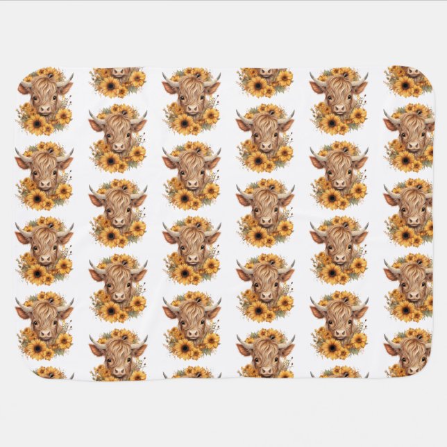 Highland Cow Pattern Sunflowers Initial White Baby Blanket (Horizontal)