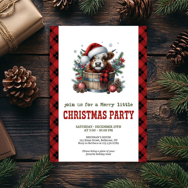 Highland cow pine branch Christmas party invite (Highland cow pine branch Christmas party invite)