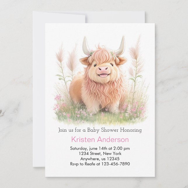Highland Cow Pink Adventure Girl Baby Shower Invitation (Front)
