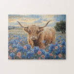 Highland Cow Pink and Blue Wildflowers Jigsaw Puzzle