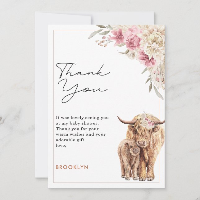 Highland Cow Pink Boho Floral Baby Shower Card (Front)