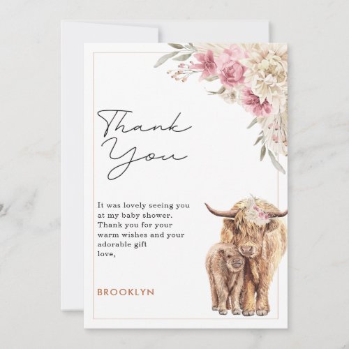 Highland Cow Pink Boho Floral Baby Shower Card