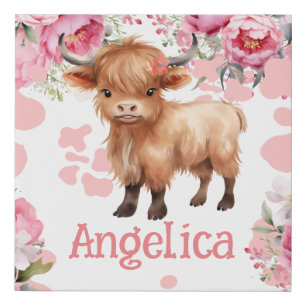 Highland Cow Pink Boho Floral Faux Canvas Print